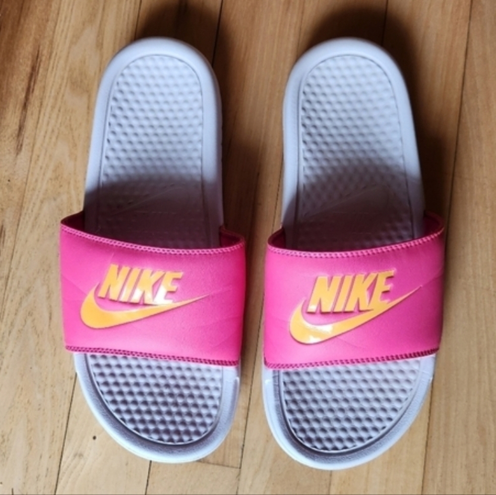NIKE Swoosh Benassi Slides - Pink White Orange - Women's Size 10